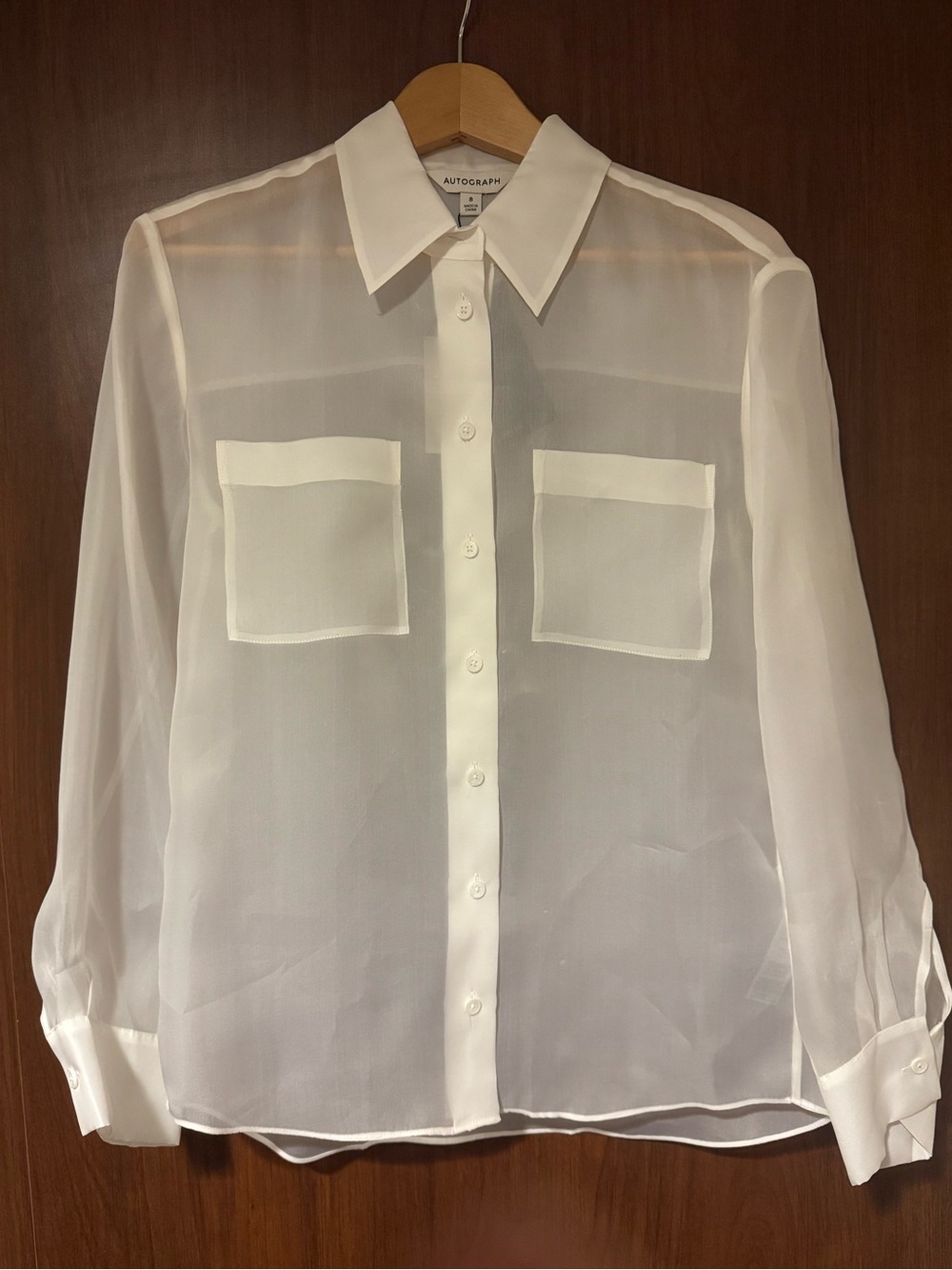 Autograph Women's Sheer Silk Organza White Button-Down Blouse with Pockets